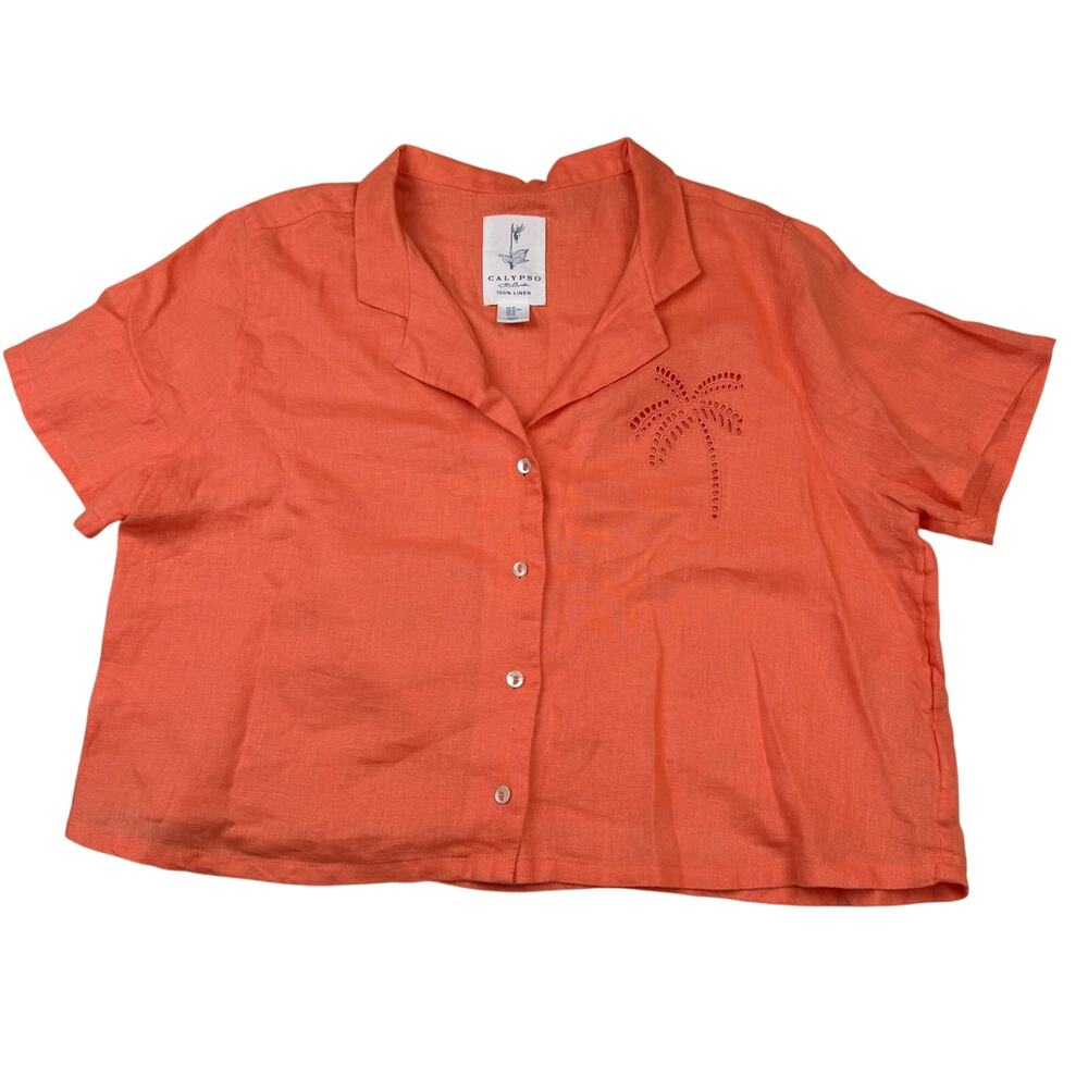 Calypso St. Barth Linen Crop Shirt Coral Orange XL